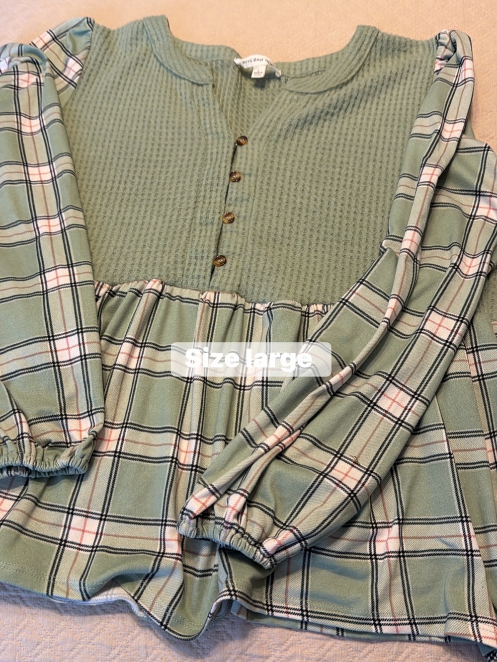 Women’s Sage Green Plaid Long-Sleeve Peplum Top